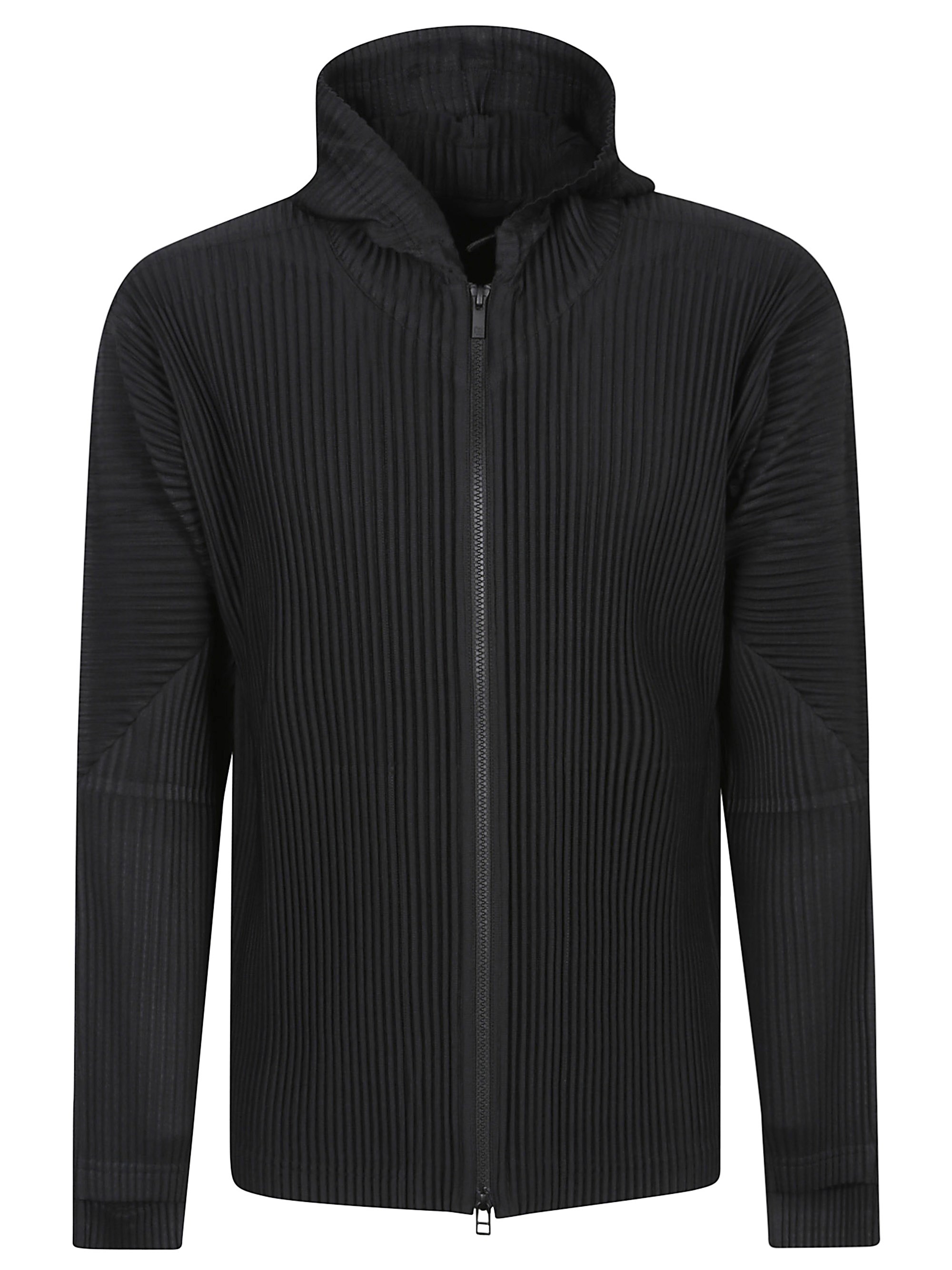 Issey Miyake Ribbed Texture Hooded Zip-up Sweater In Black