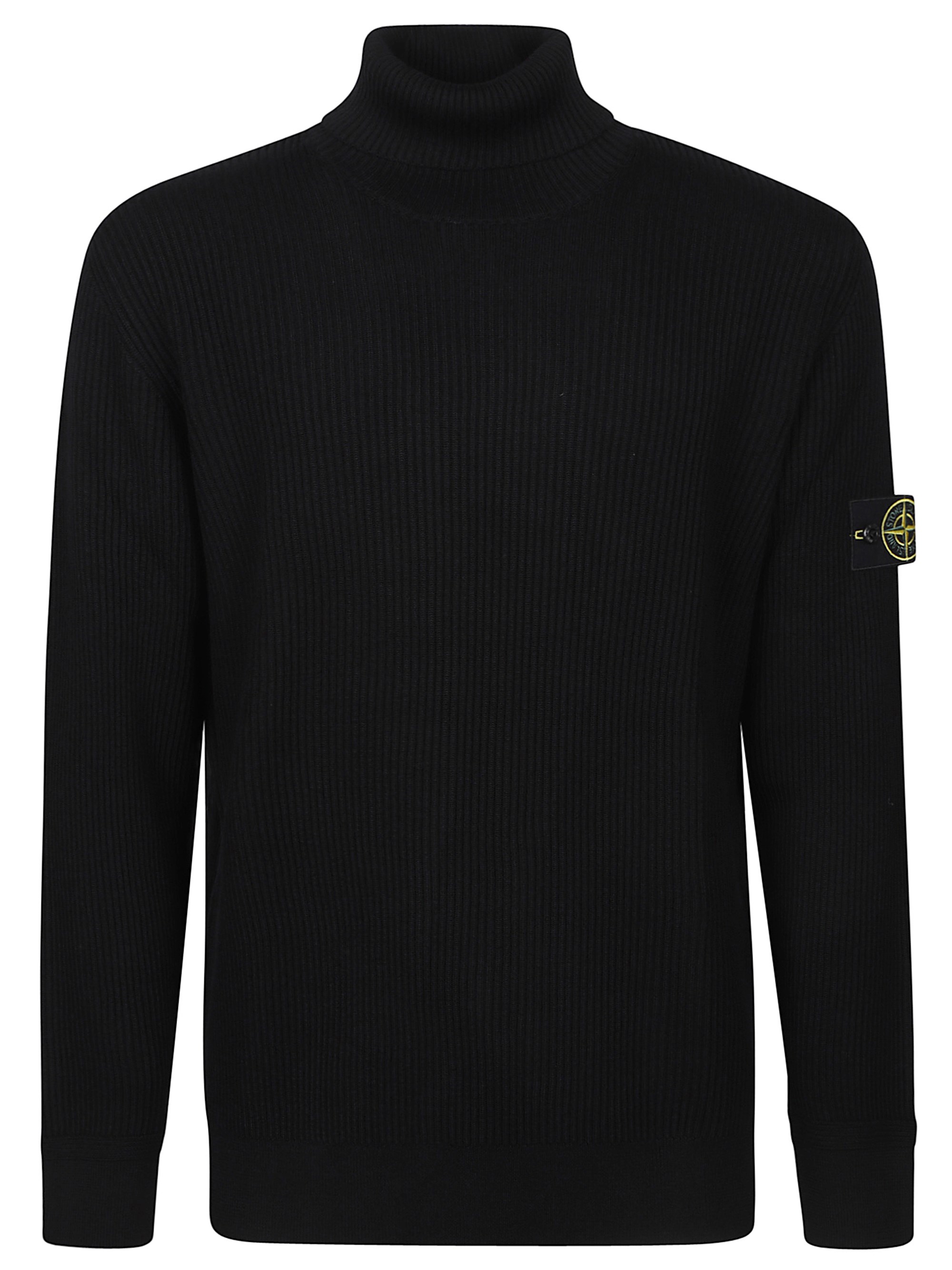 Stone Island Black Sweater With High Neck And Patch Logo On The Sleeve In Wool In Black