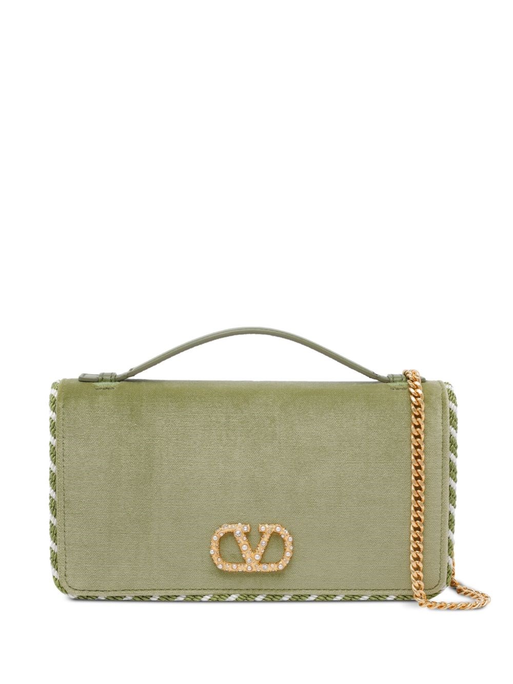 Valentino Garavani Vlogo Signature Velvet Wallet On Chain In Green