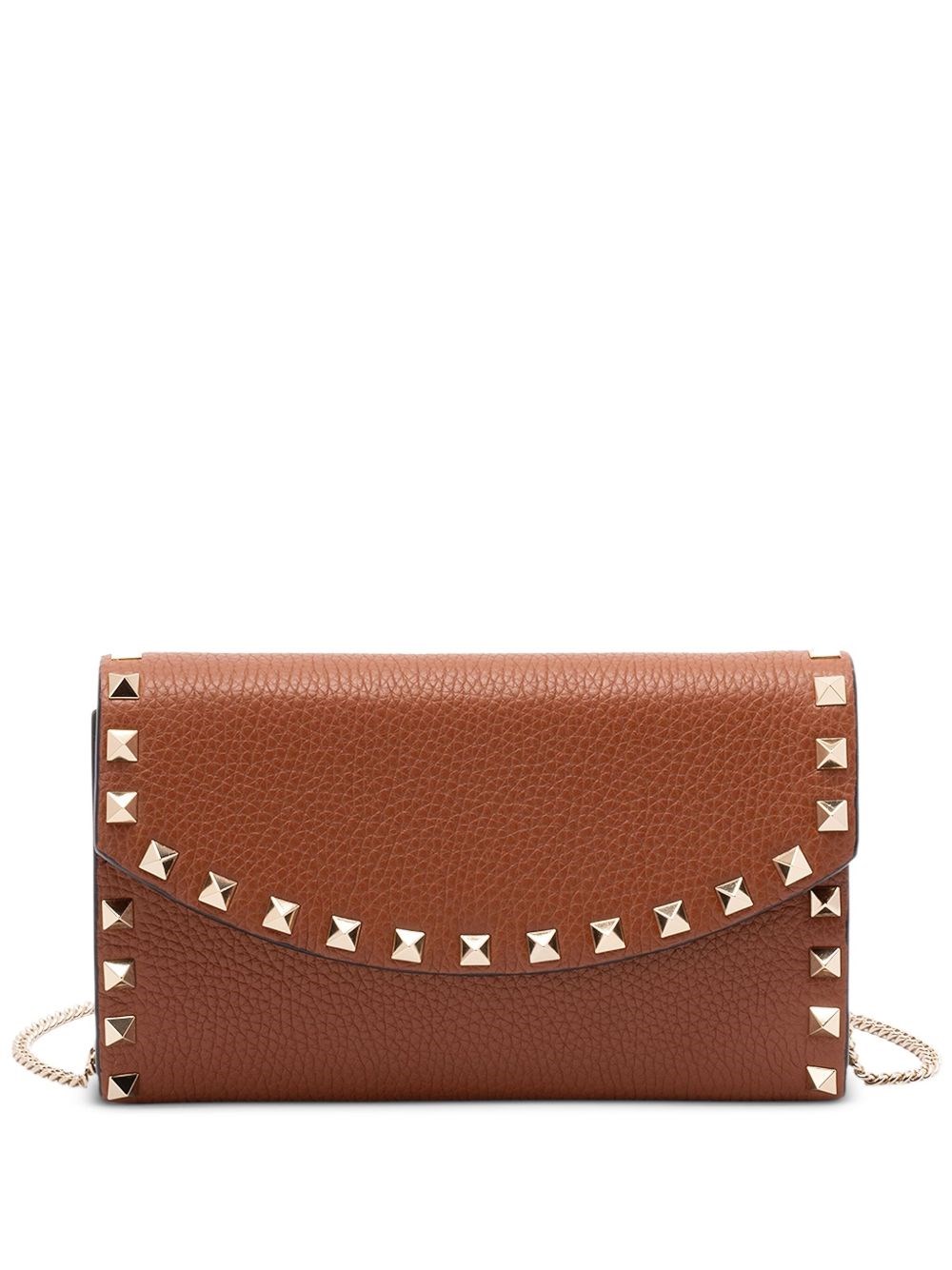 Valentino Rockstud Leather Wallet On Chain In Brown