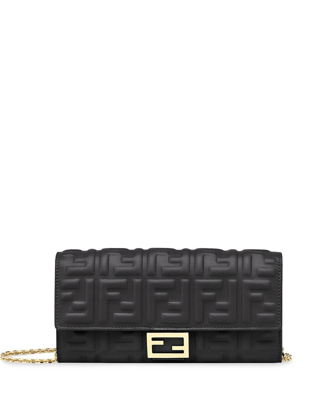 Fendi Baguette Leather Wallet On Chain In Black