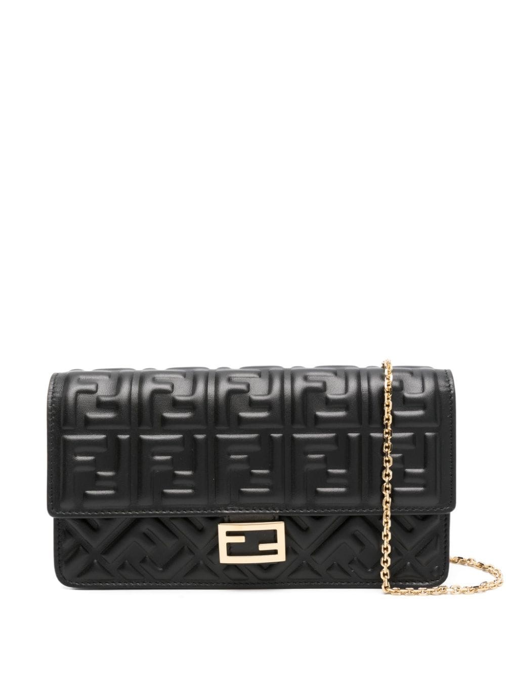 Fendi Baguette Leather Wallet On Chain In Black