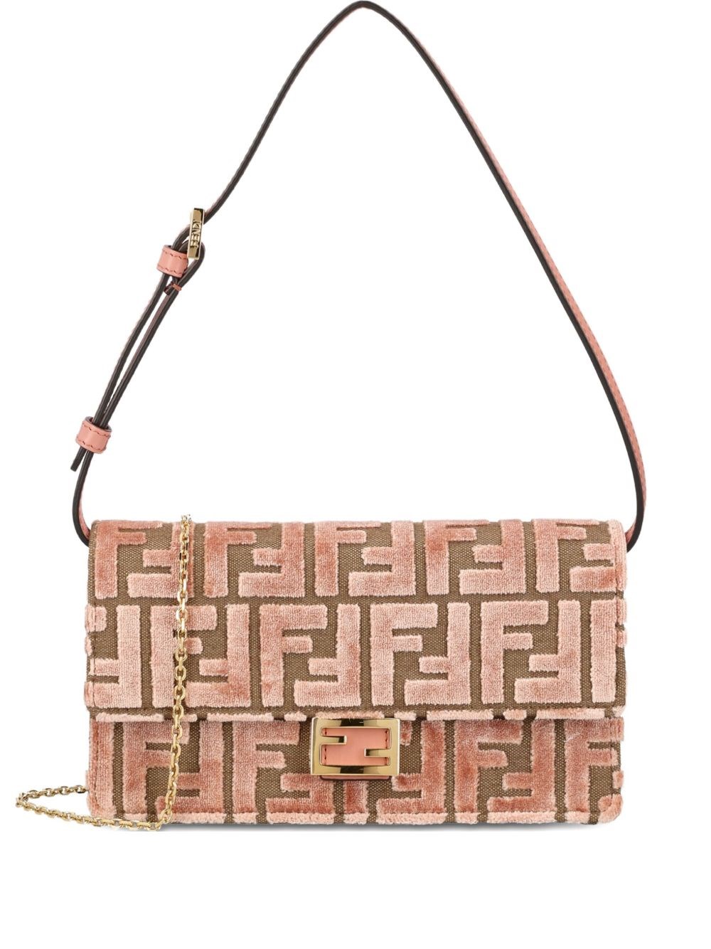 Fendi Baguette Velvet Wallet On Chain In Pink