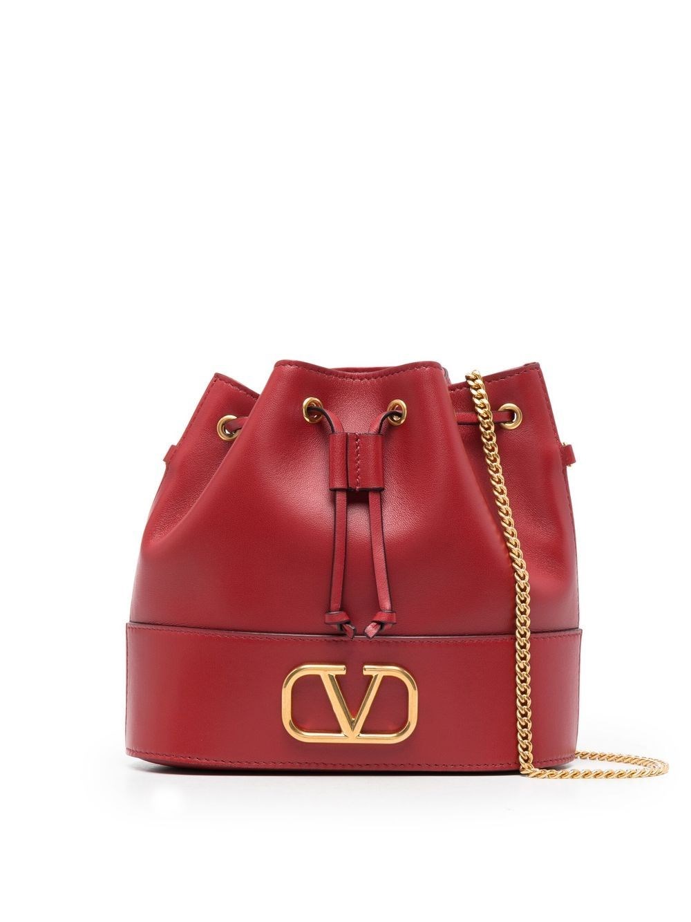 Valentino Signature Leather Bucket Bag With Chain Strap In Red