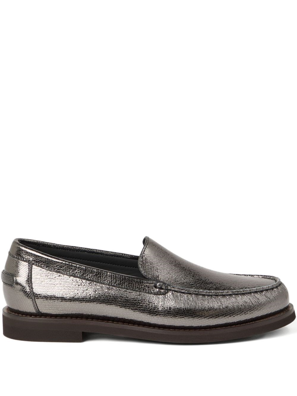 Brunello Cucinelli Metallic Finish Round Toe Loafers With Rubber Sole In Gray