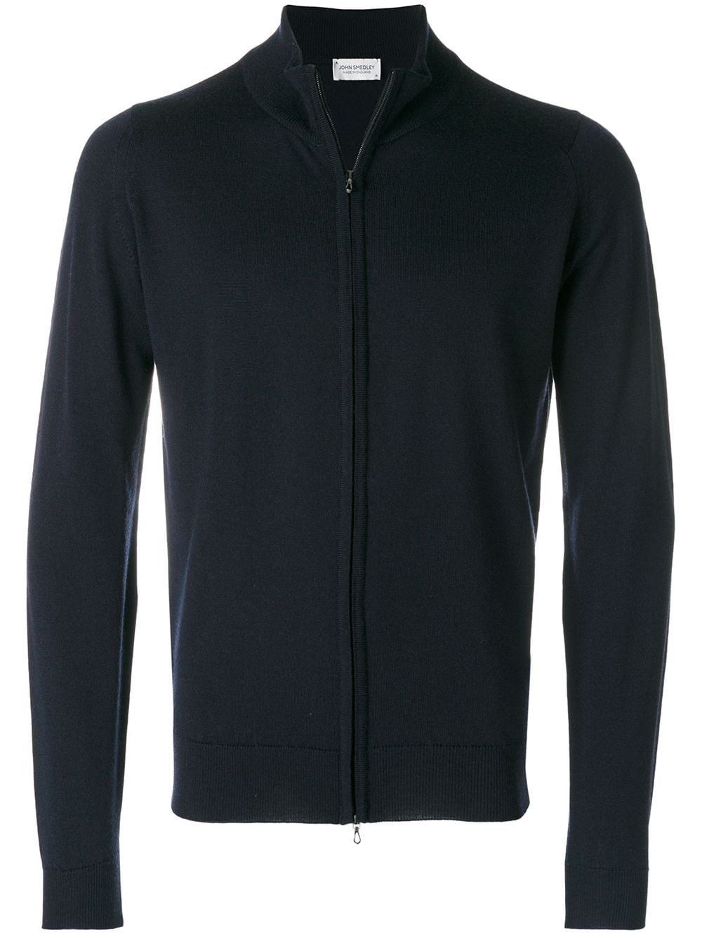 John Smedley High Neck Zipped Cardigan With Ribbed Cuffs In Blue