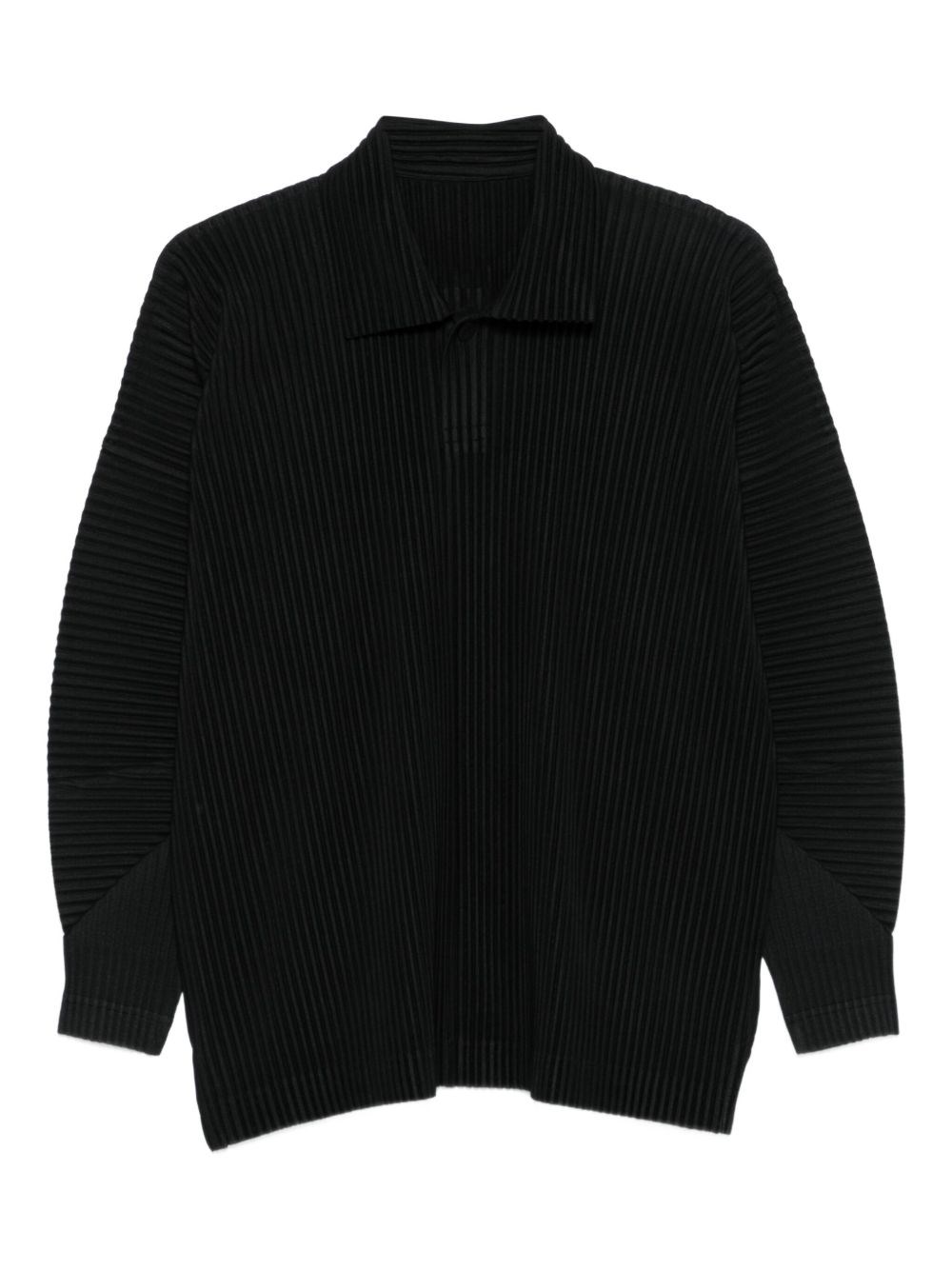Issey Miyake Pleated Texture Long-sleeve Polo With Structured Neckline In Black