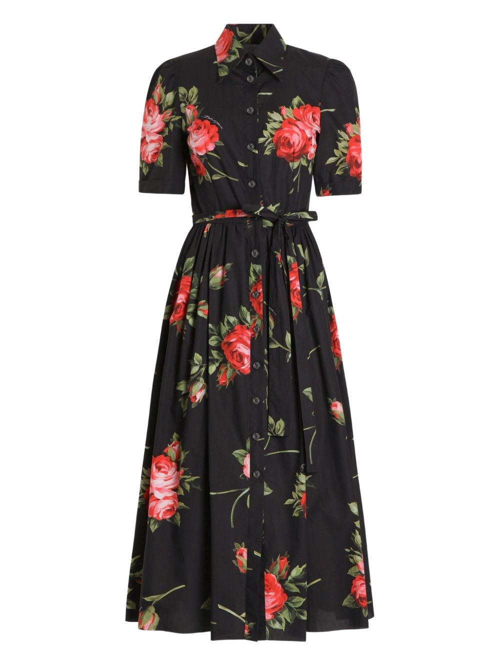 Dolce & Gabbana Belted Gathered Floral-print Cotton-poplin Midi Dress In Black