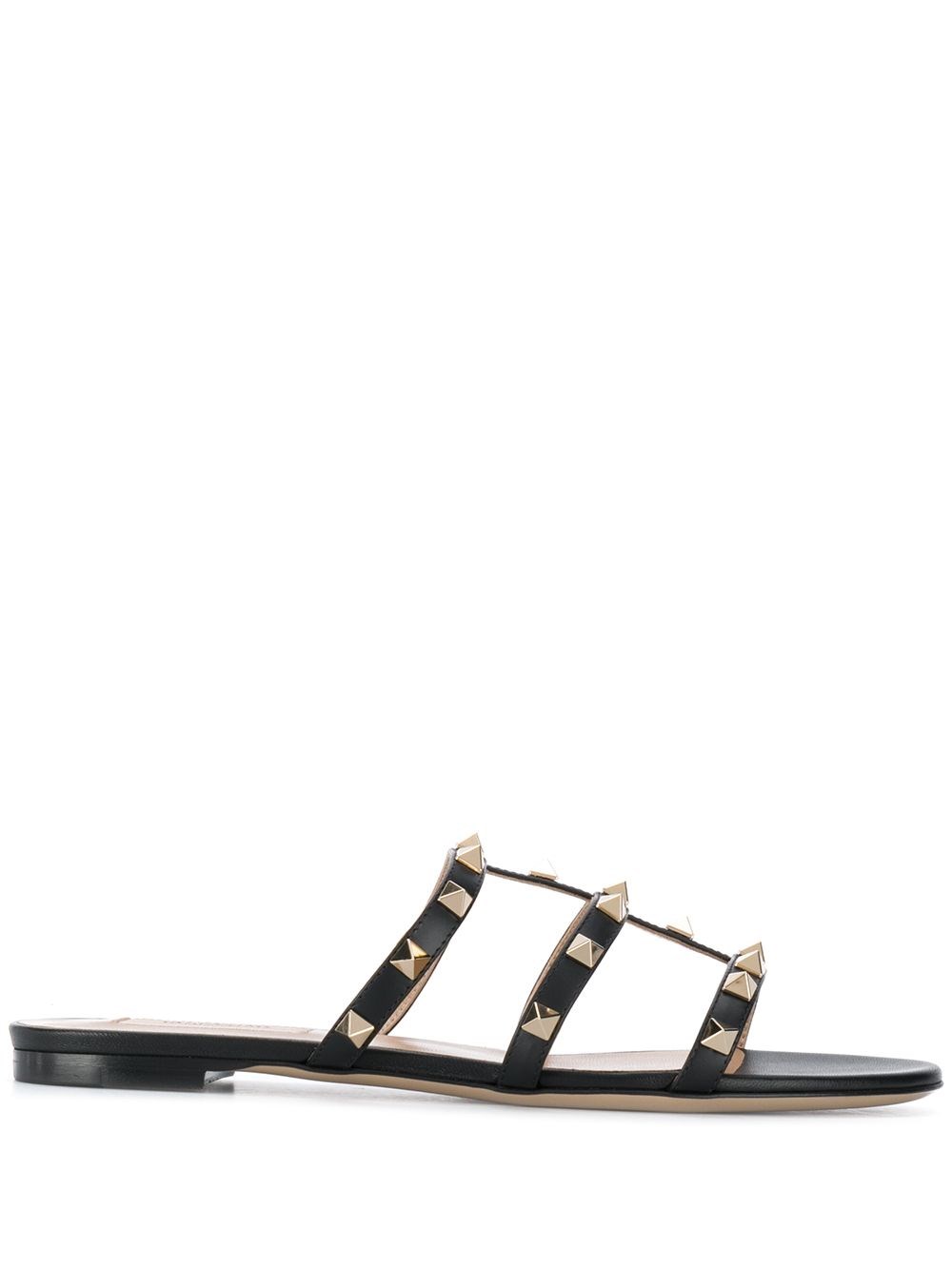 Valentino Rockstud Slide Sandal In Laminated Nappa With Cabochon In Black