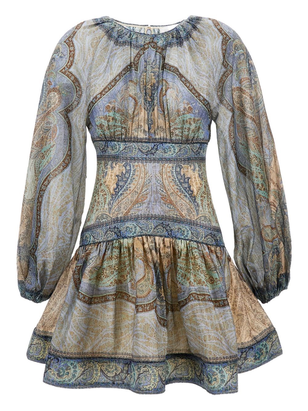Zimmermann Wanderlust Multicolor Crewneck Mini Dress With Puffed Long Sleeves And All-over Print In Cotton And  In Gray