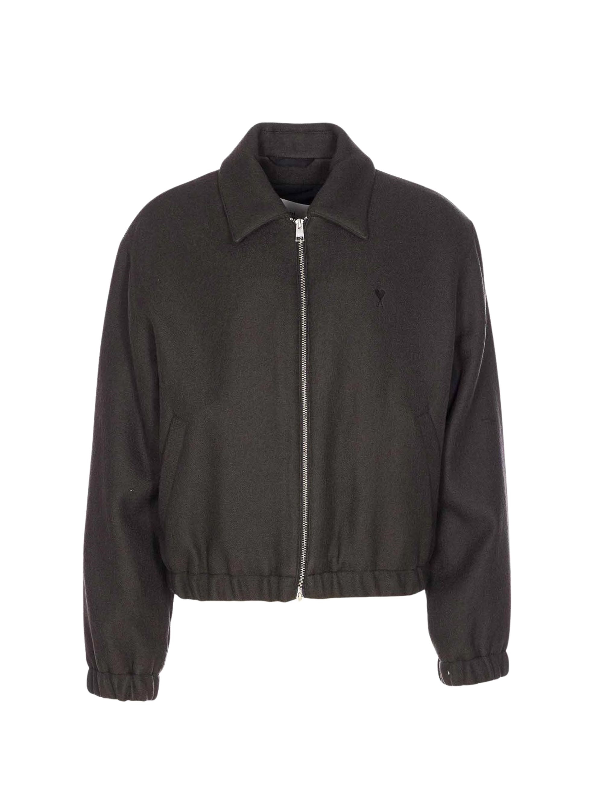 Ami Alexandre Mattiussi Cropped Black Bomber Jacket With Classic Collar And Logo Detail In Gray