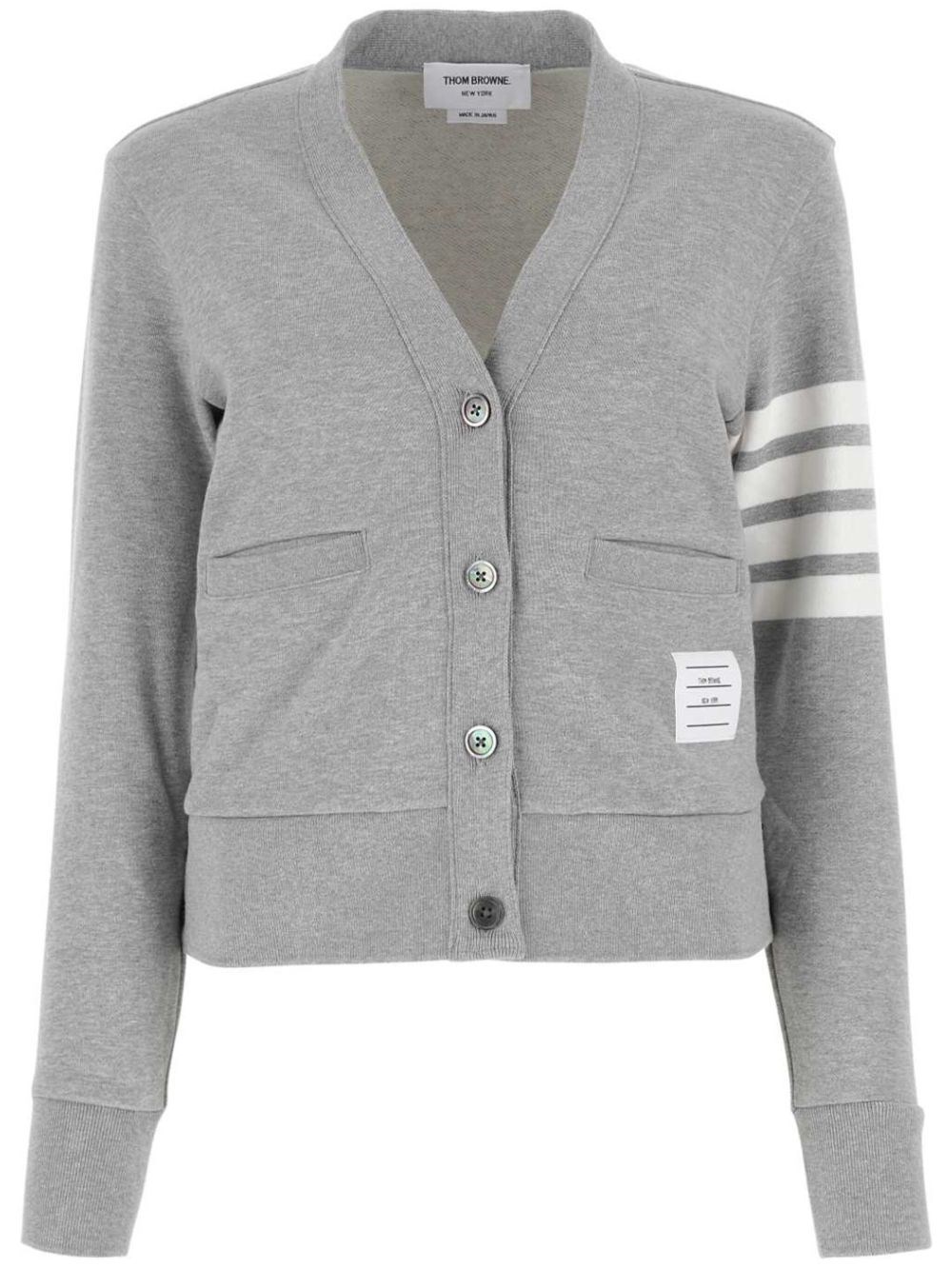 Thom Browne Striped Cotton V-neck Cardigan Pockets In Gray