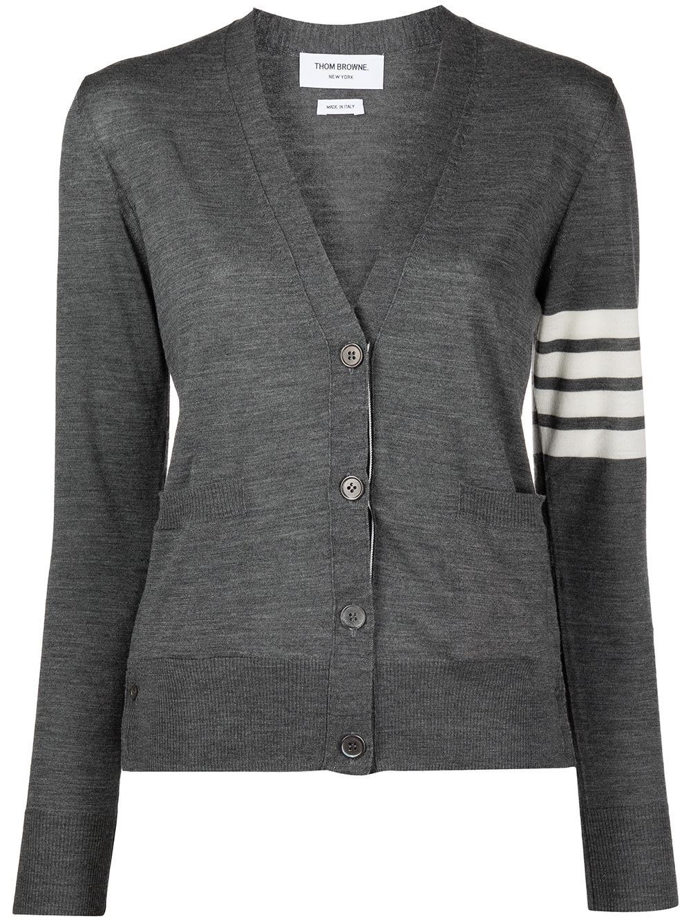 Thom Browne Classic V-neck Cardigan In Cashmere With White 4-bar Sleeve Stripe In Gray