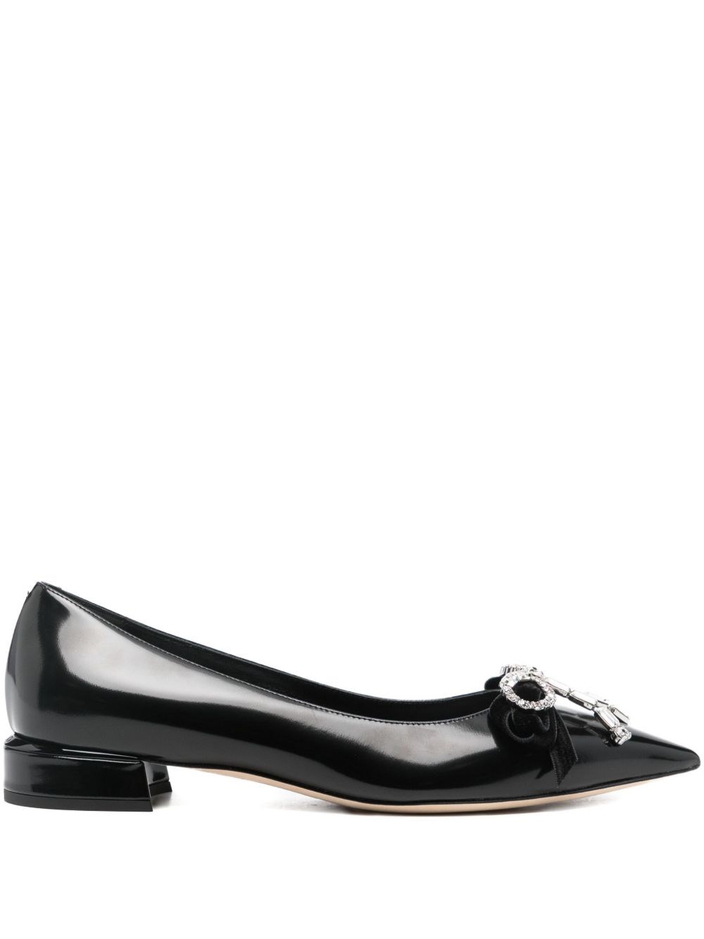 Jimmy Choo Leather Ballet Flats With Bow And Crystals In Black