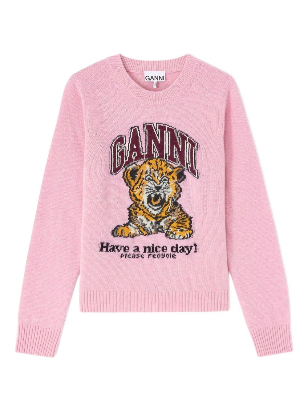 Ganni Graphic Print Long Sleeve Crew Neck Sweater In Pink