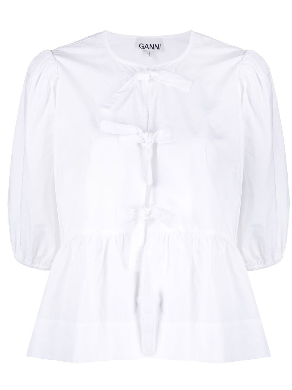 Ganni Crewneck Cotton Peplum Top Flounces In White