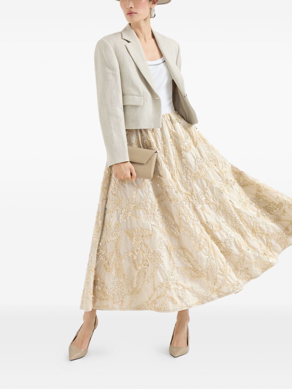 Brunello Cucinelli Embroidered Long Skirt In Sand
