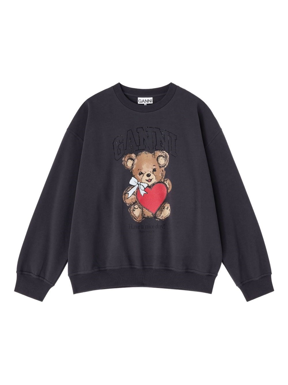 Ganni Bear Graphic Sweatshirt With Rhinestones In Black