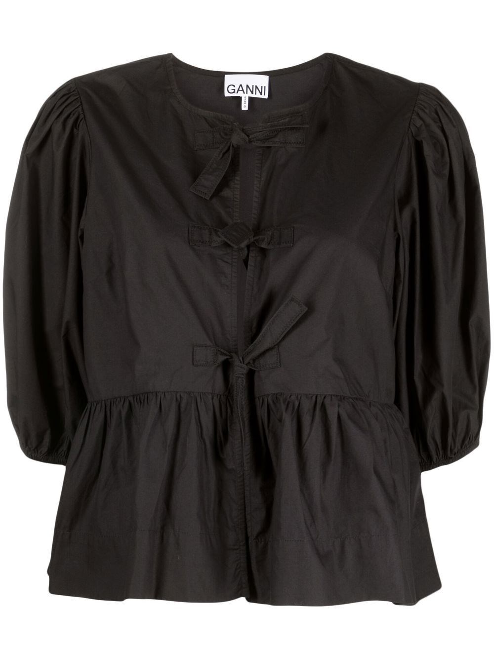 Ganni Poplin Front-tie Peplum Blouse With Puffed-sleeves In Black