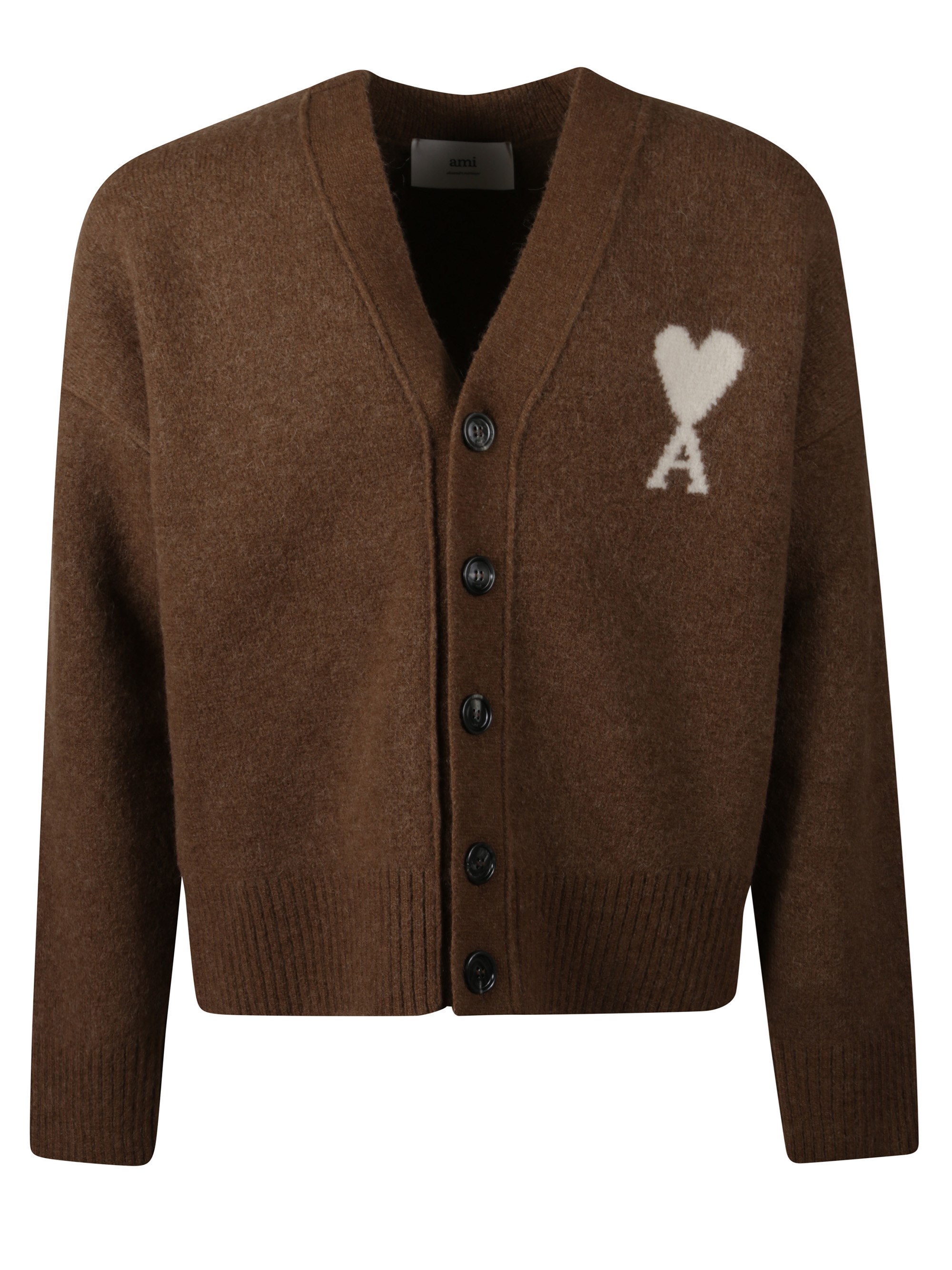 Ami Alexandre Mattiussi Cardigan With Embroidered Detail And Ribbed Cuffs In Brown