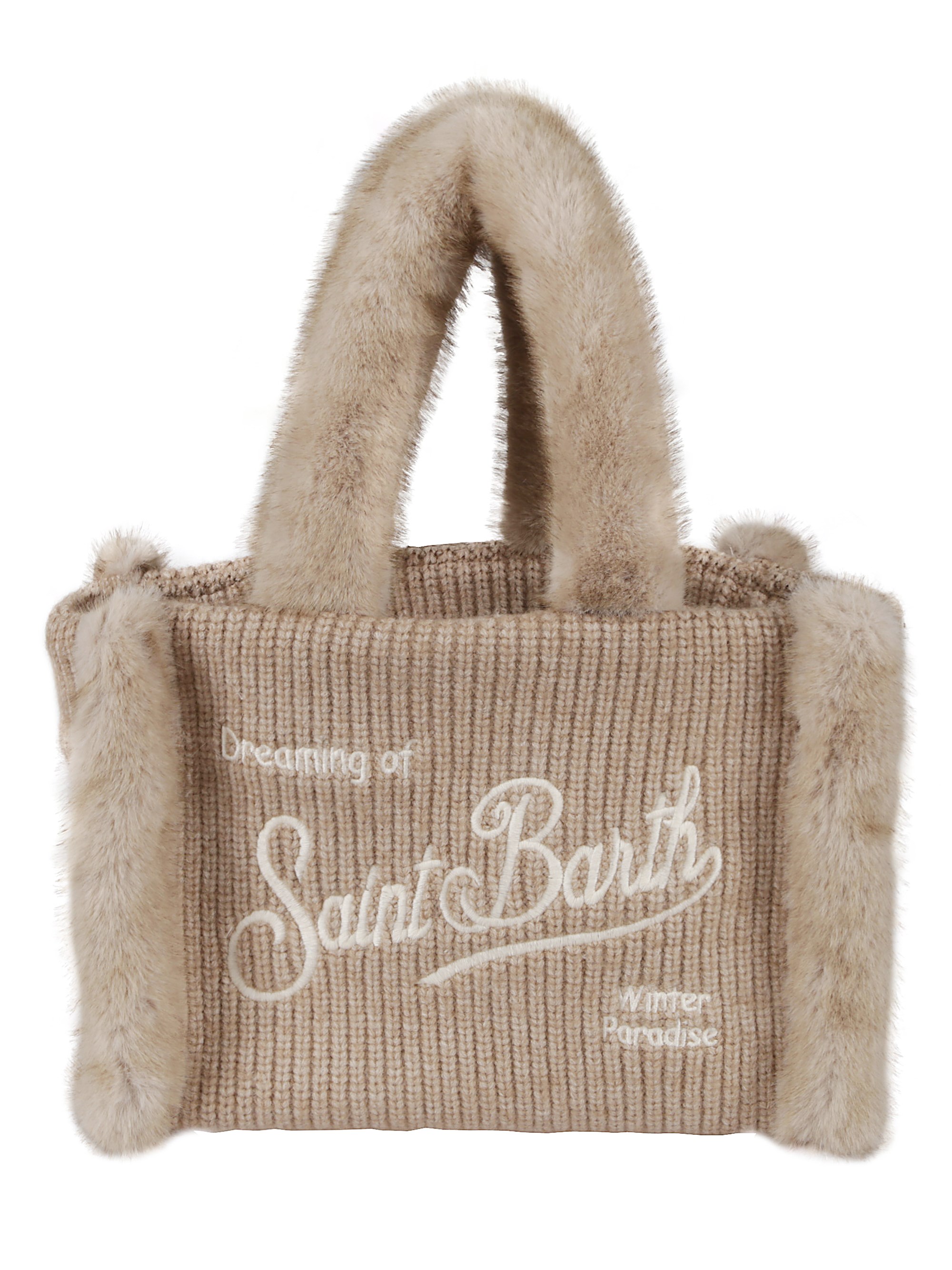 Mc2 Saint Barth Colette Shearling-trim Knitted Tote Bag In Neutral