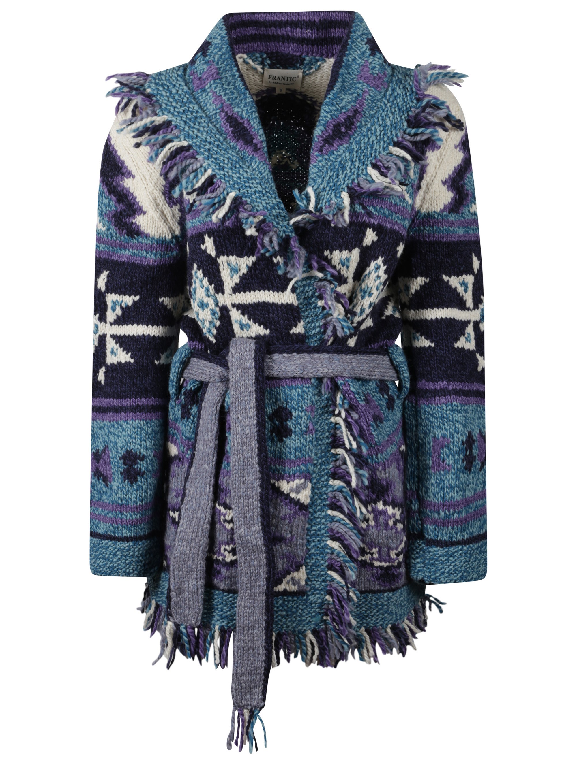 Frantic Venezia Fringed Belted Cardigan In Blue