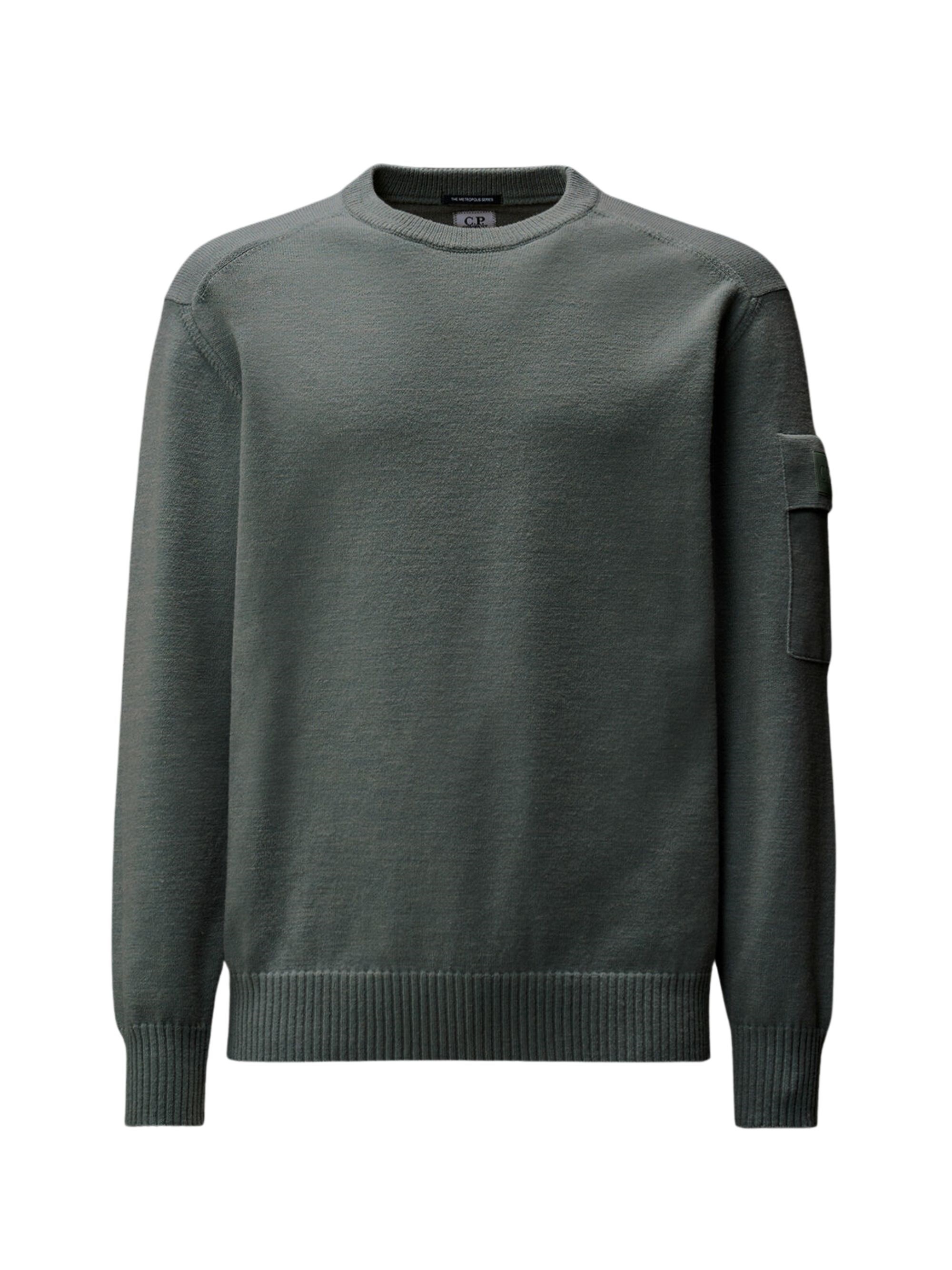 C.p. Company Crew Neck Long Sleeve Sweater With Patch Pocket In Green