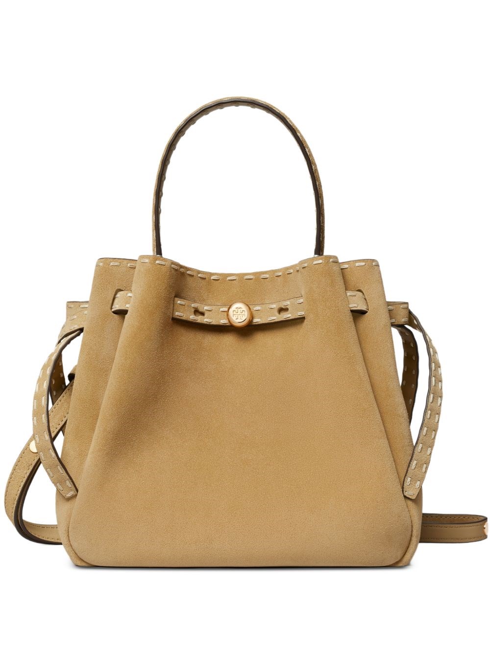Tory Burch Romy Suede Leather Bucket Bag In Sand