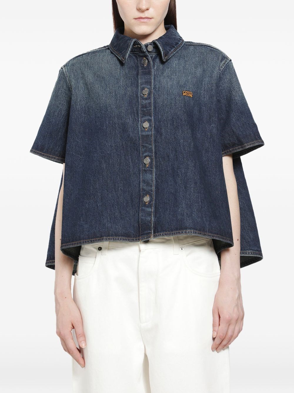 Short-Sleeve Denim Trapeze Button-Down Shirt