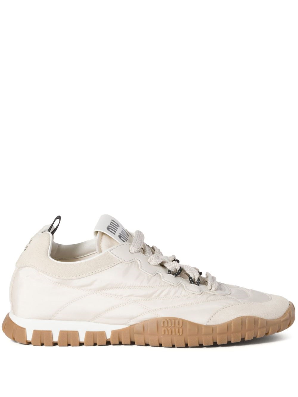 Miu Miu Recycled Nylon and Calf Leather Sneaker — Beige