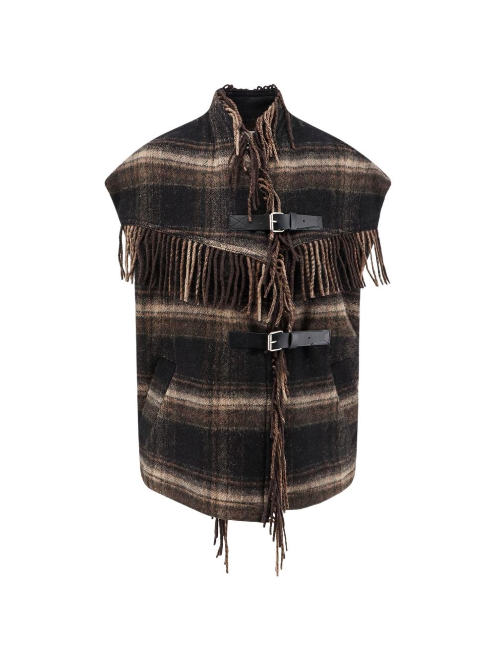 MARANT ETOILE | Black and khaki plaid wool blend Ginesa sleeveless jacket | female | 0