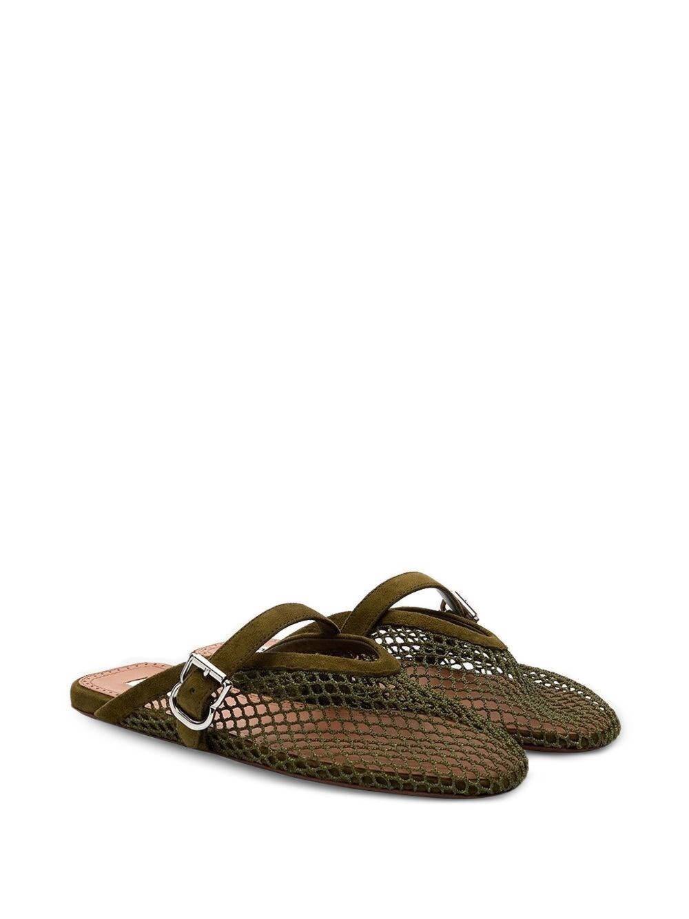 Green suede mesh ballet mules