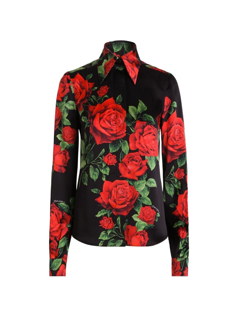 Dolce & Gabbana Rose-Print Silk Shirt — Black