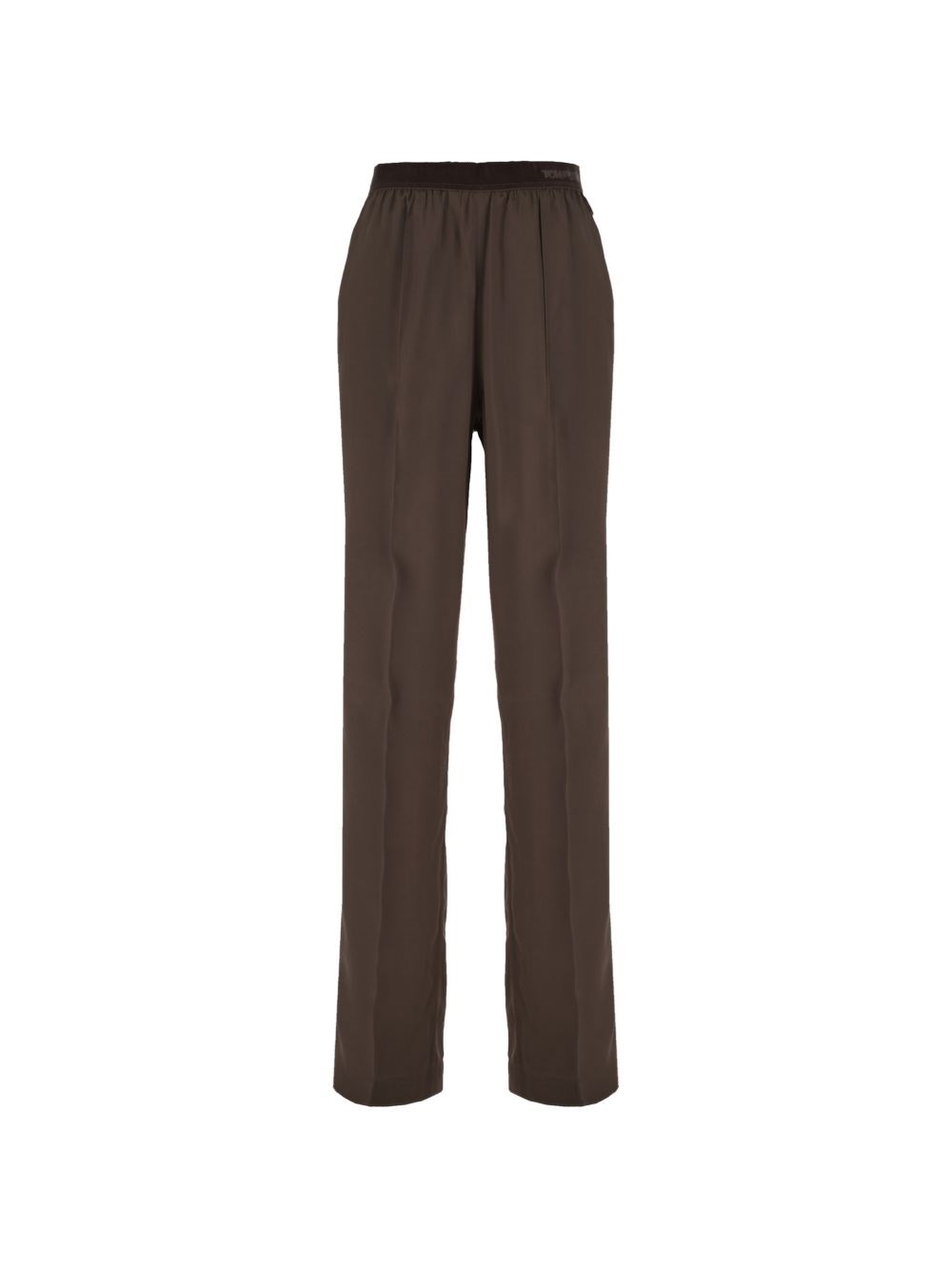 Pantaloni pigiama *ICON in raso di seta effetto pesca color espresso con banda in velluto con logo.