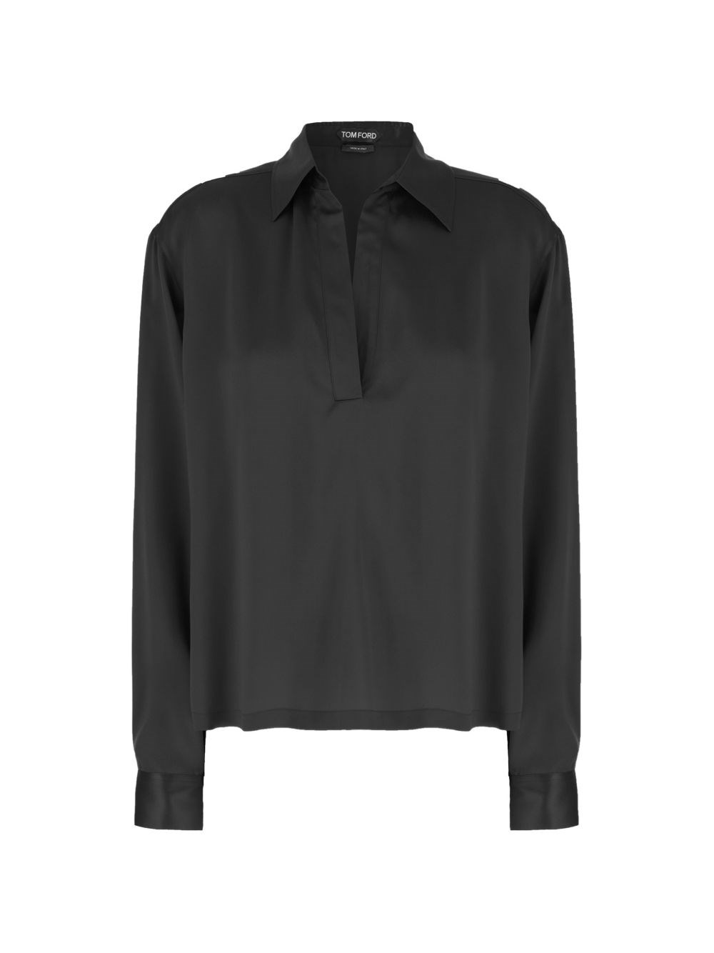 Blusa *ICON in raso di seta nera con scollo a V e colletto polo.