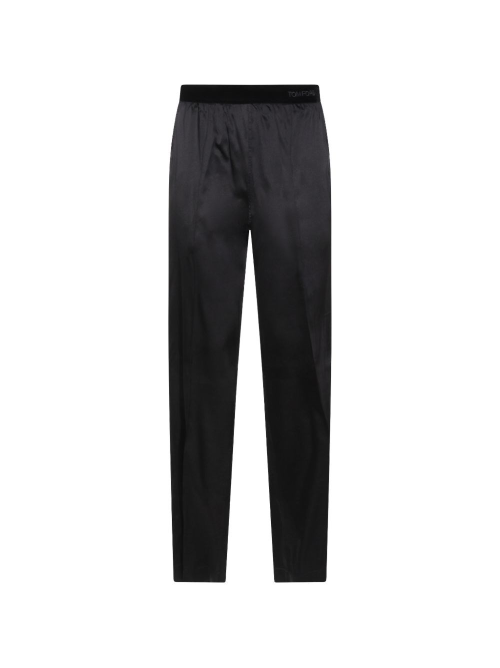 Pantaloni *ICON in raso di seta nera con logo tono su tono alla vita.