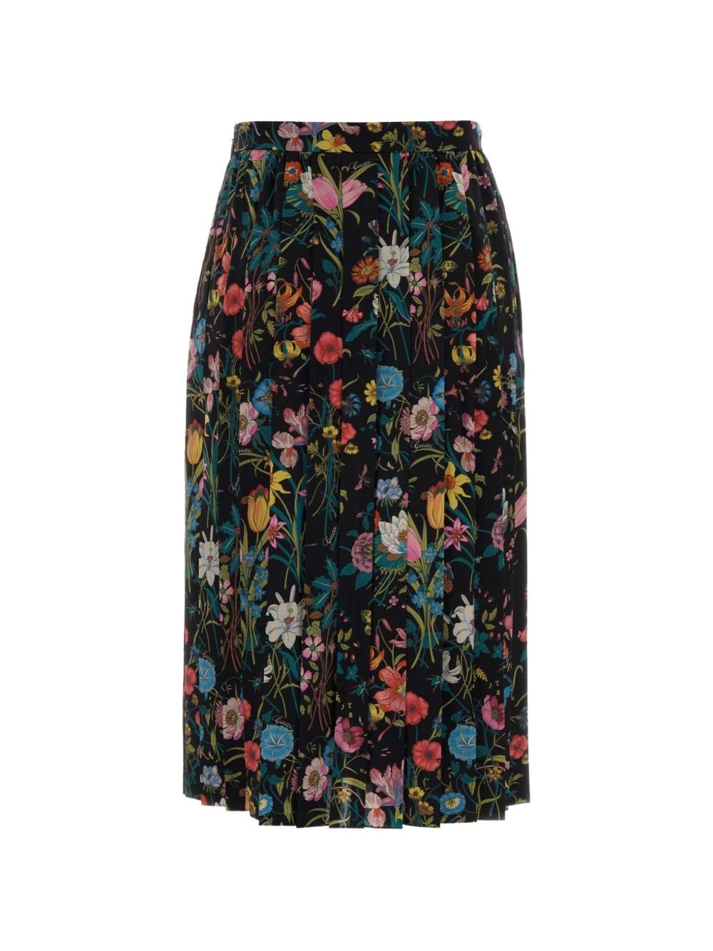 Jupe midi plissée en soie imprimé Flora noir