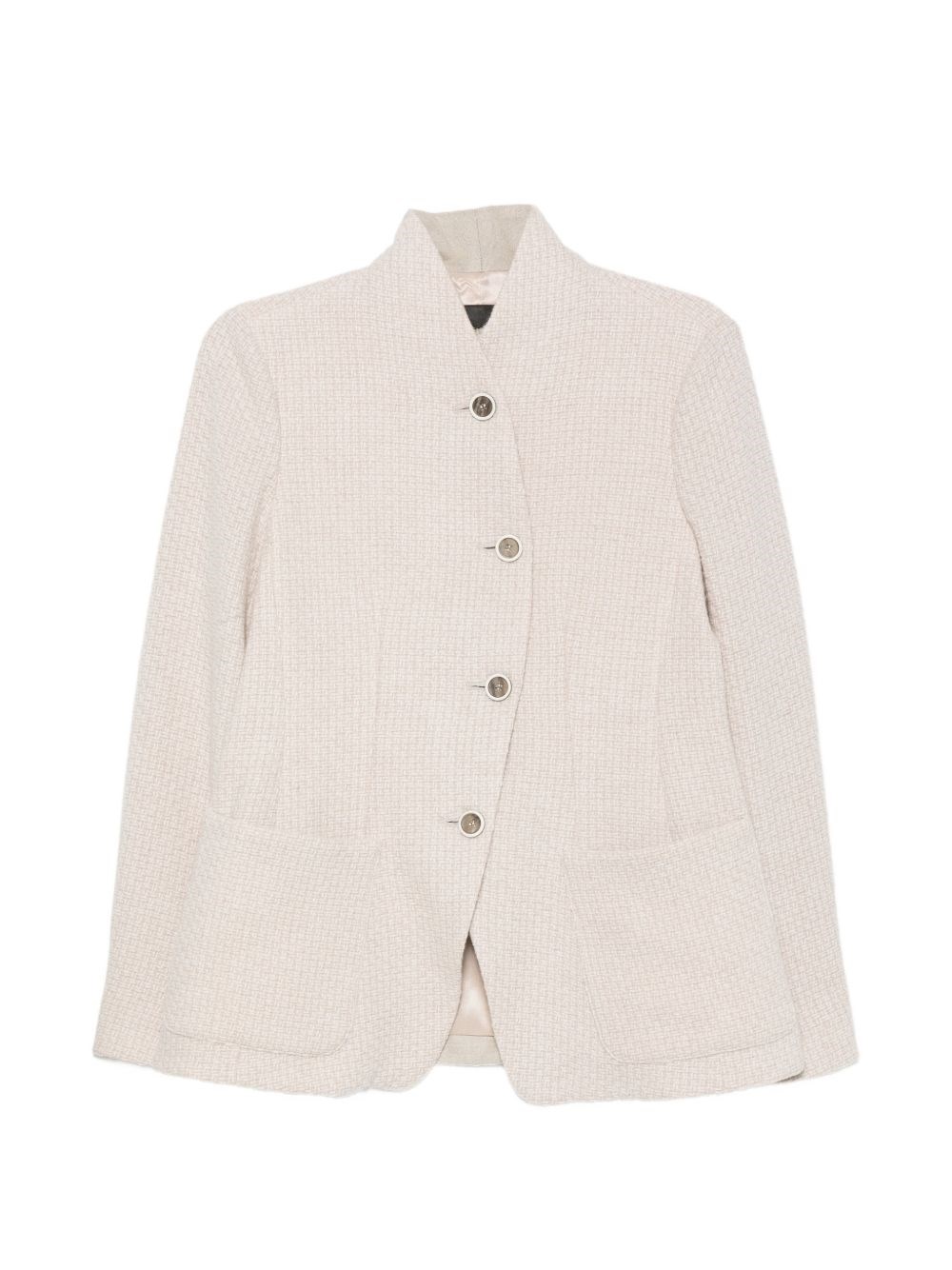 Emporio Armani Beige High-Neck Virgin Wool Blazer With A Jacquard Knit Effect - Image 3