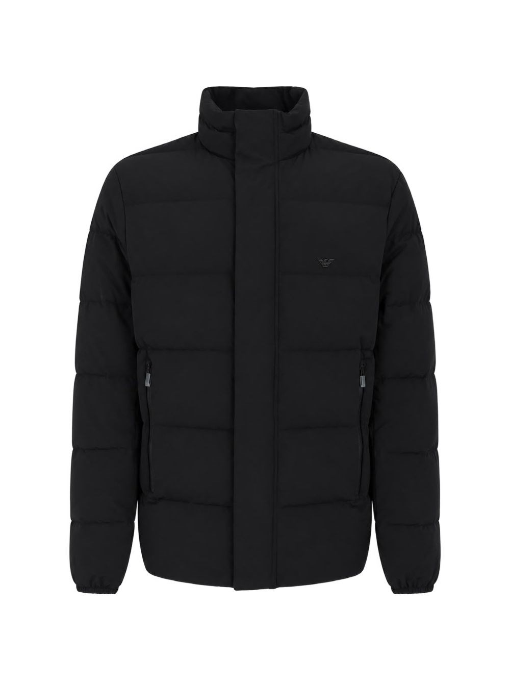 Piumino nylon trapuntato e idrorepellente nero con logo aquila tono su tono sul petto.