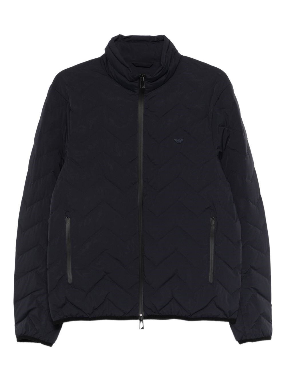Piumino trapuntato chevron in nylon blu navy con logo sul petto tono su tono.