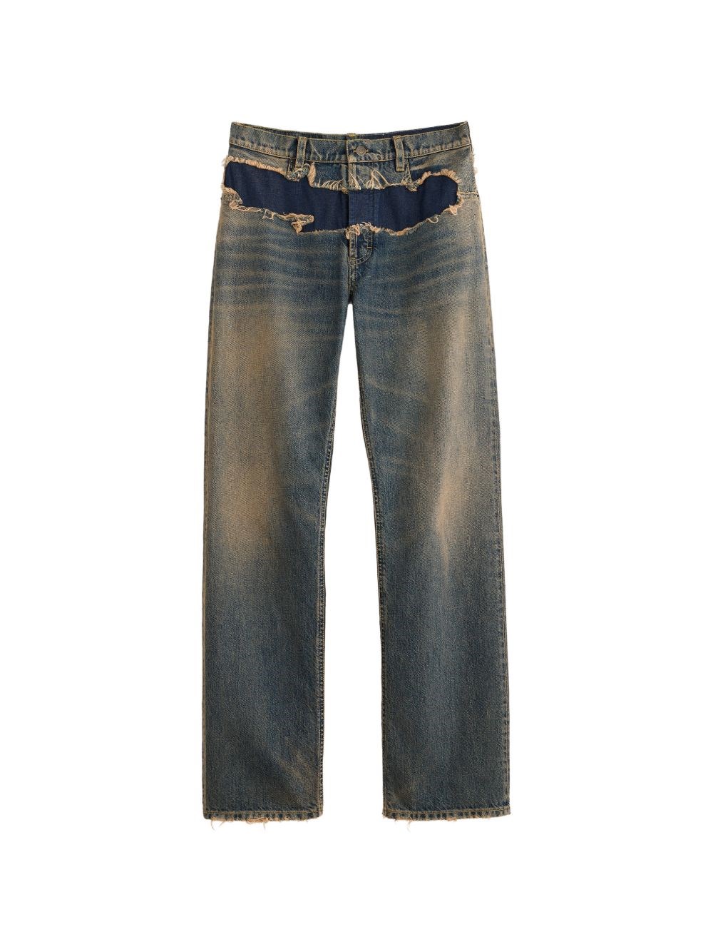 Blue distressed straight-leg jeans in cotton