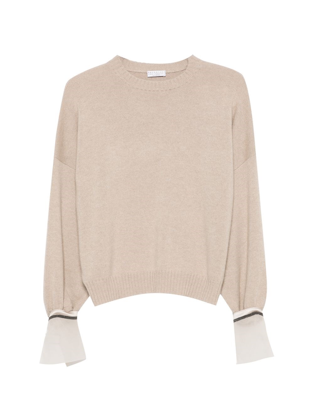 Brunello Cucinelli Cashmere Crewneck With Chiffon Cuff And Monili