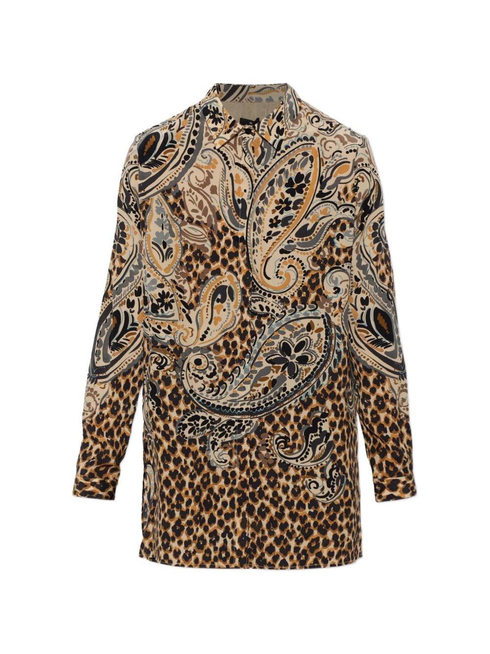 Etro Paisley and Leopard Print Silk Shirt — Brown