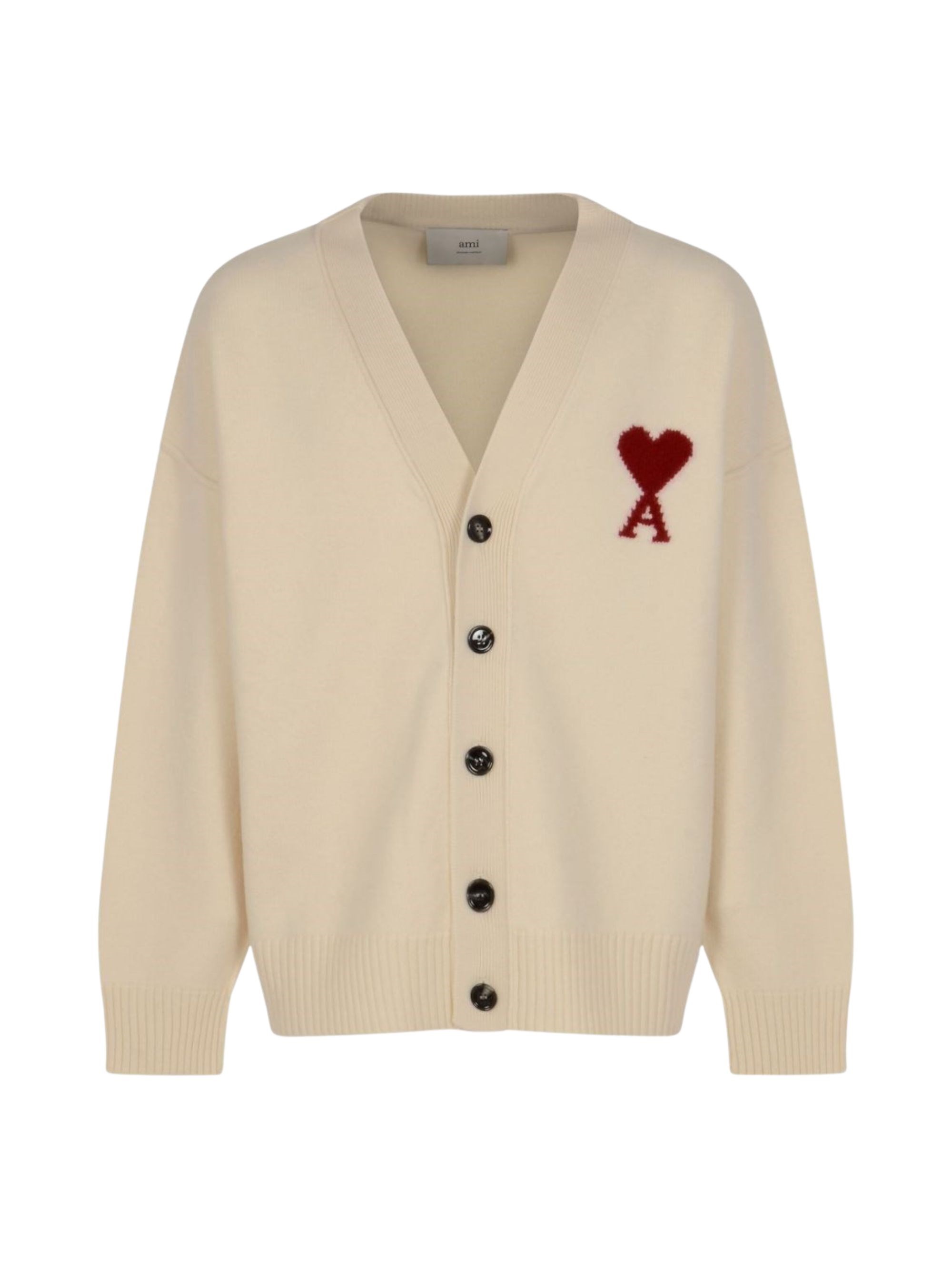 AMI Paris Men's Cardigan With Contrasted Ami De Coeur in Ecru/Rouge, Size Large