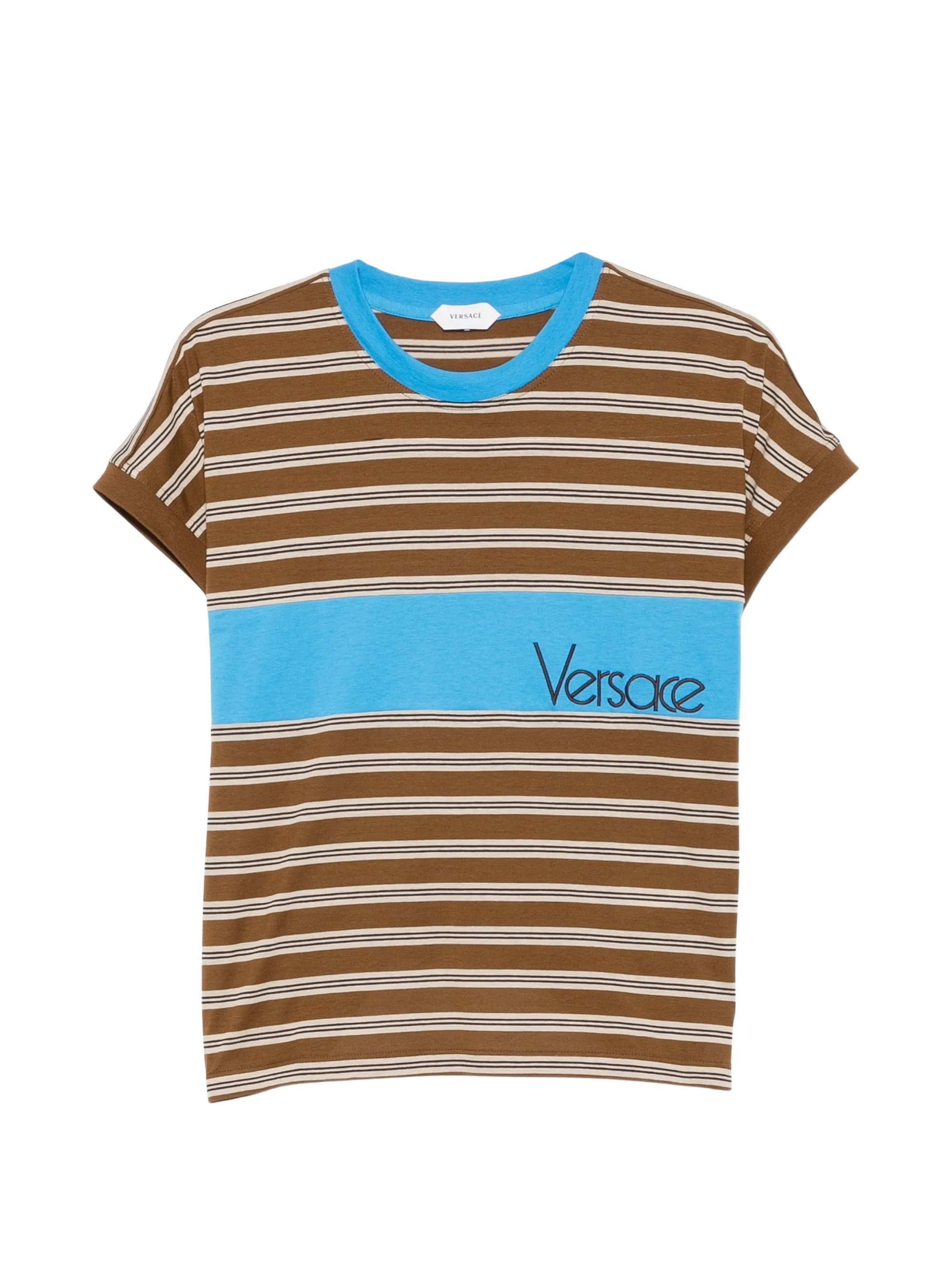 Versace Striped Logo Embroidered Knit T-Shirt By Versace