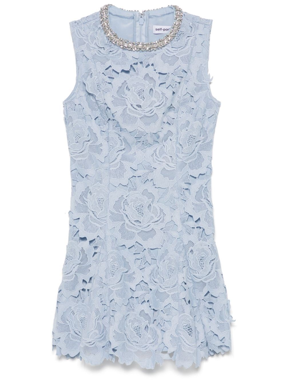 Self-portrait Bue Crewneck Mini Dress With Rhinestoned Collar And All-over Floral Lace Embroidery In Tech Fabric W