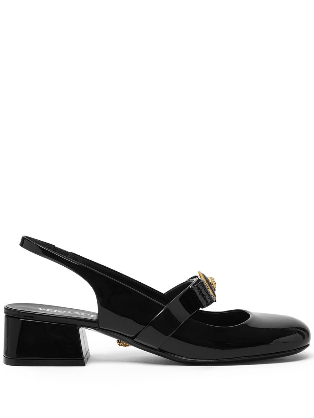 Versace Black Ballerina Shoes With Heel And Medusa Detail On The Front In Shiny Leather Woman
