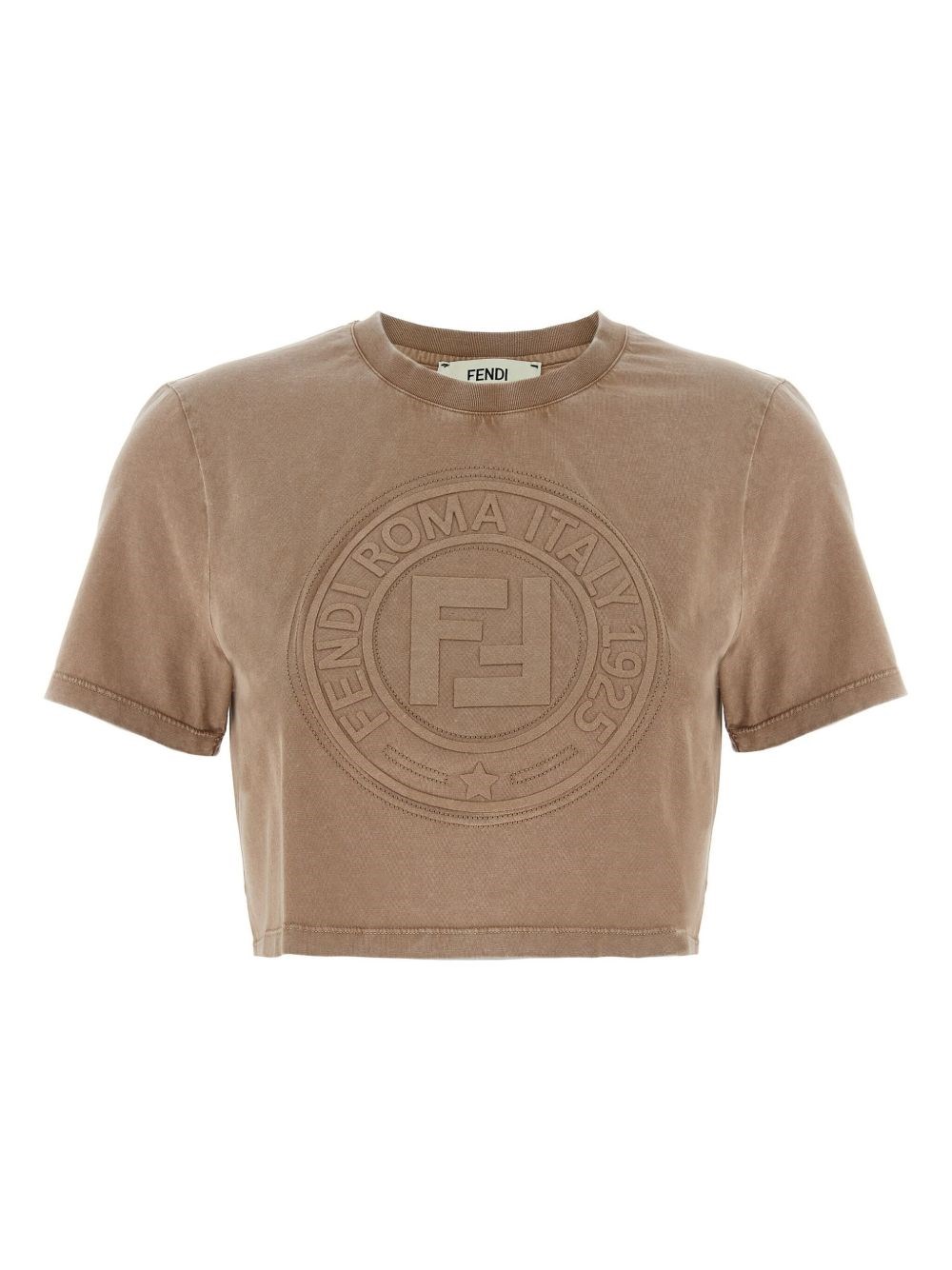 Fendi Beige Washed-out Cropped T-shirt With Logo In Brown