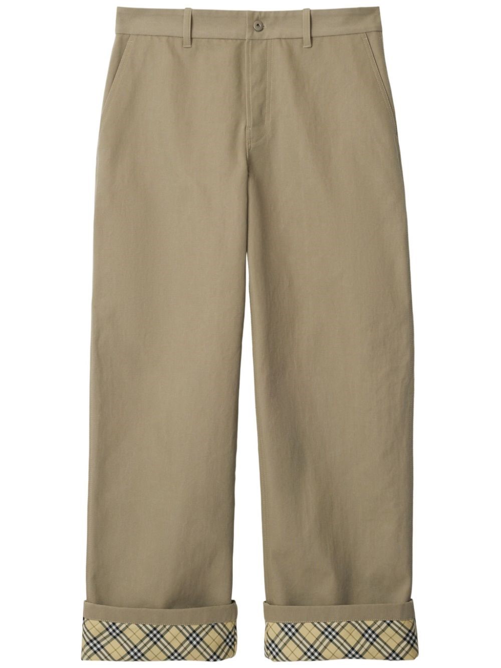 Burberry Beige Pants With Logo Embroidery On The Side And Turn-up Checked Hem In Cotton Man