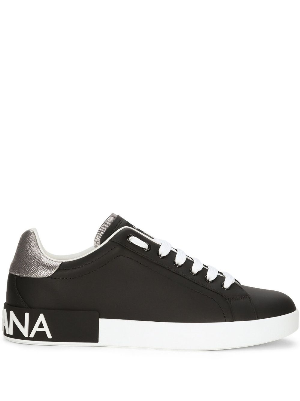 Dolce & Gabbana Portofino Sneakers In Black Leather With Silver Inserts
